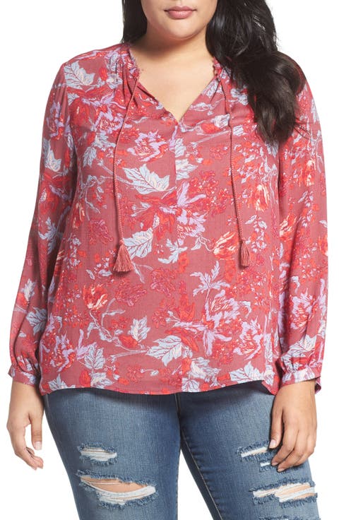 Fringe Neck Floral Blouse (Plus Size)