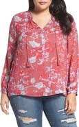 Lucky Brand Fringe Neck Floral Blouse