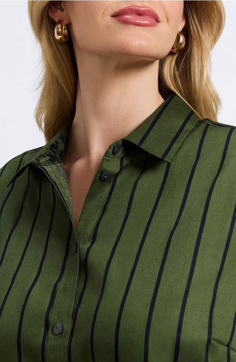 Foxcroft Margie Stripe Three-Quarter Sleeve Button-Up Shirt, Alternate, color, Basil Green/ Black