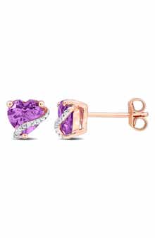 DELMAR Heart Amethyst & Diamond Stud Earrings - 0.018ct.