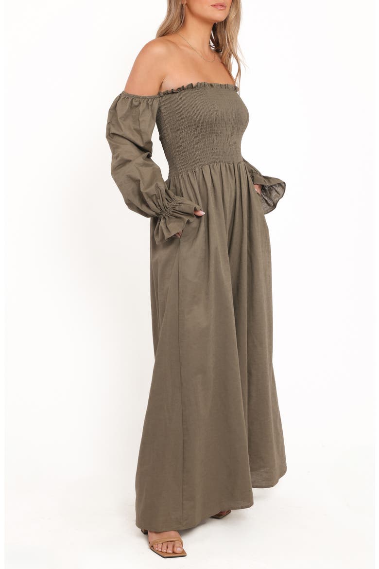 Domenica Smocked Off the Shoulder Cotton & Linen Jumpsuit, Alternate, color, OLIVE