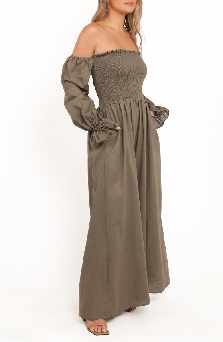 Petal & Pup Domenica Smocked Off the Shoulder Cotton & Linen Jumpsuit, Alternate, color, Olive