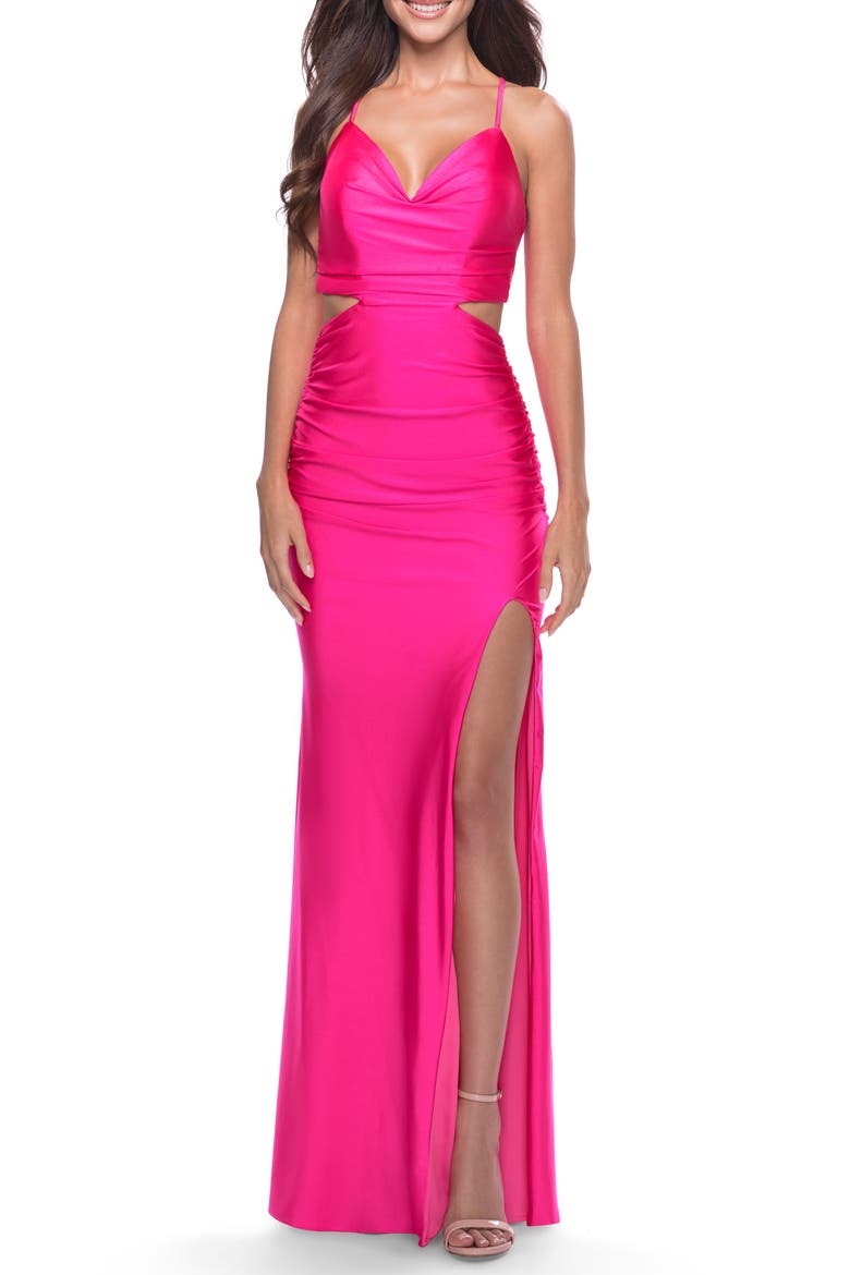 Neon Prom Dress with Side Cutouts and Open Tie Back, Alternate, color, Neon Pink