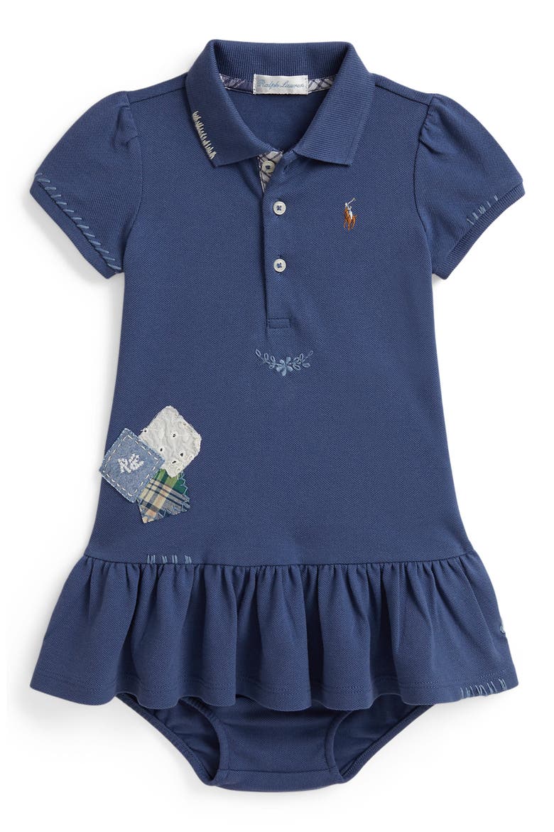 Patchwork Appliqué Stretch Cotton Mesh Polo Top & Bloomers Set, Main, color, OLD ROYAL