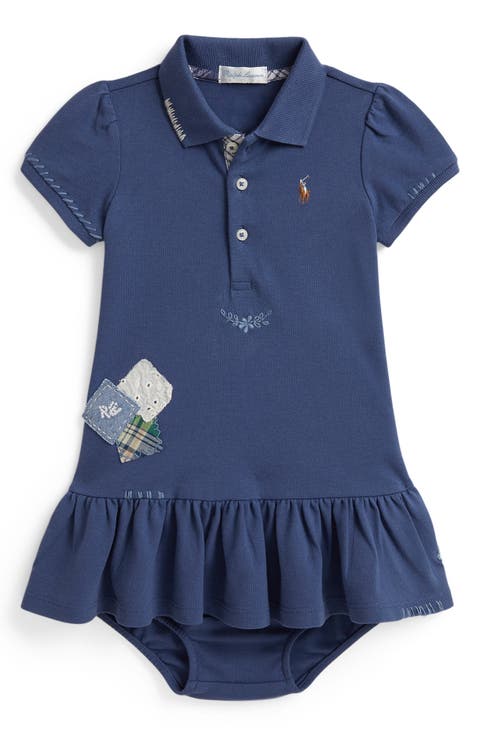 Patchwork Appliqué Stretch Cotton Mesh Polo Top & Bloomers Set