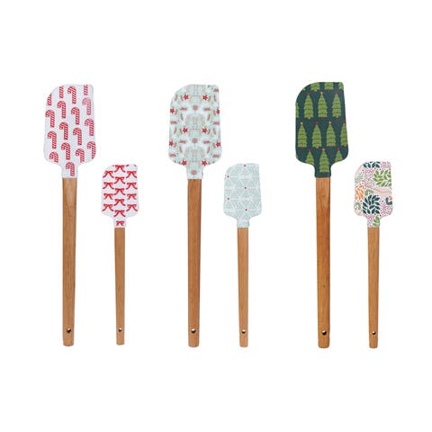 Silicone and Wood Spatulas with Holiday Pattern, Multicolor, Set of 6
