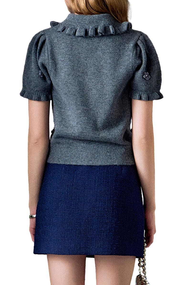 English Factory Pearl Bead Floral Short Sleeve Sweater, Alternate, color, Heather Grey