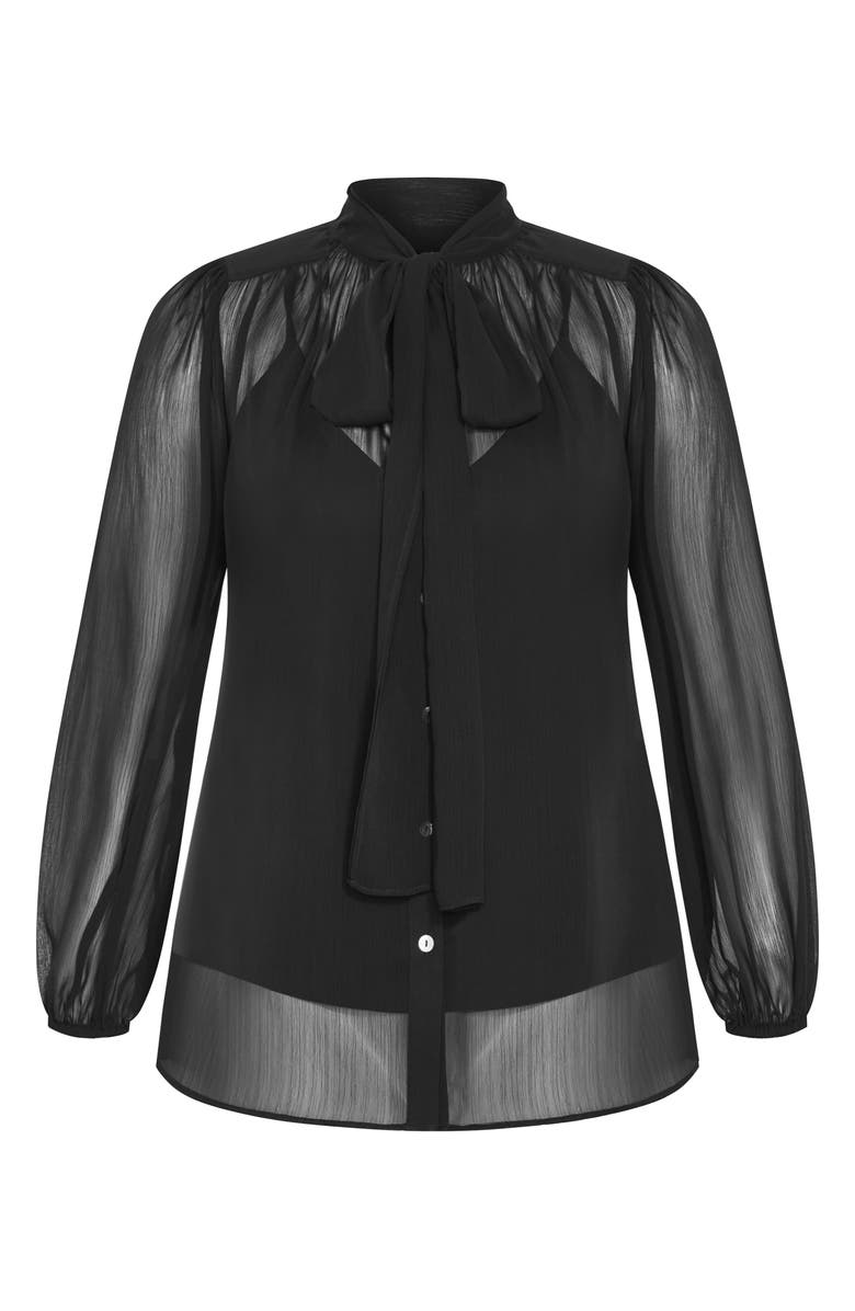 City Chic Seline Tie Neck Chiffon Shirt, Alternate, color, Black