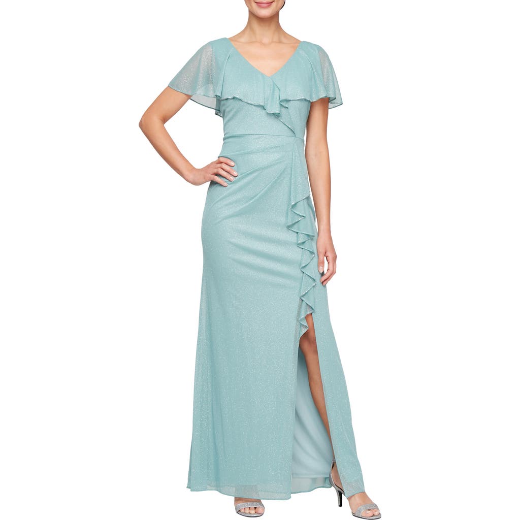 Sl Fashions Beaded Shimmer Capelet Gown In Seaglass