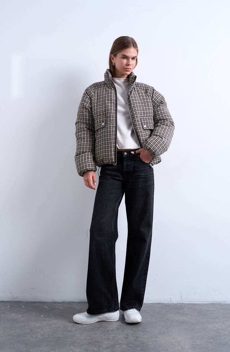 Topshop Micro Check Puffer Bomber Jacket, Main, color, Black