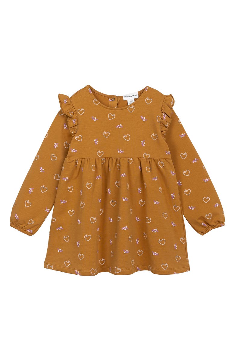 MILES THE LABEL Kids' Heart Print Long Sleeve Stretch Organic Cotton Dress, Main, color,