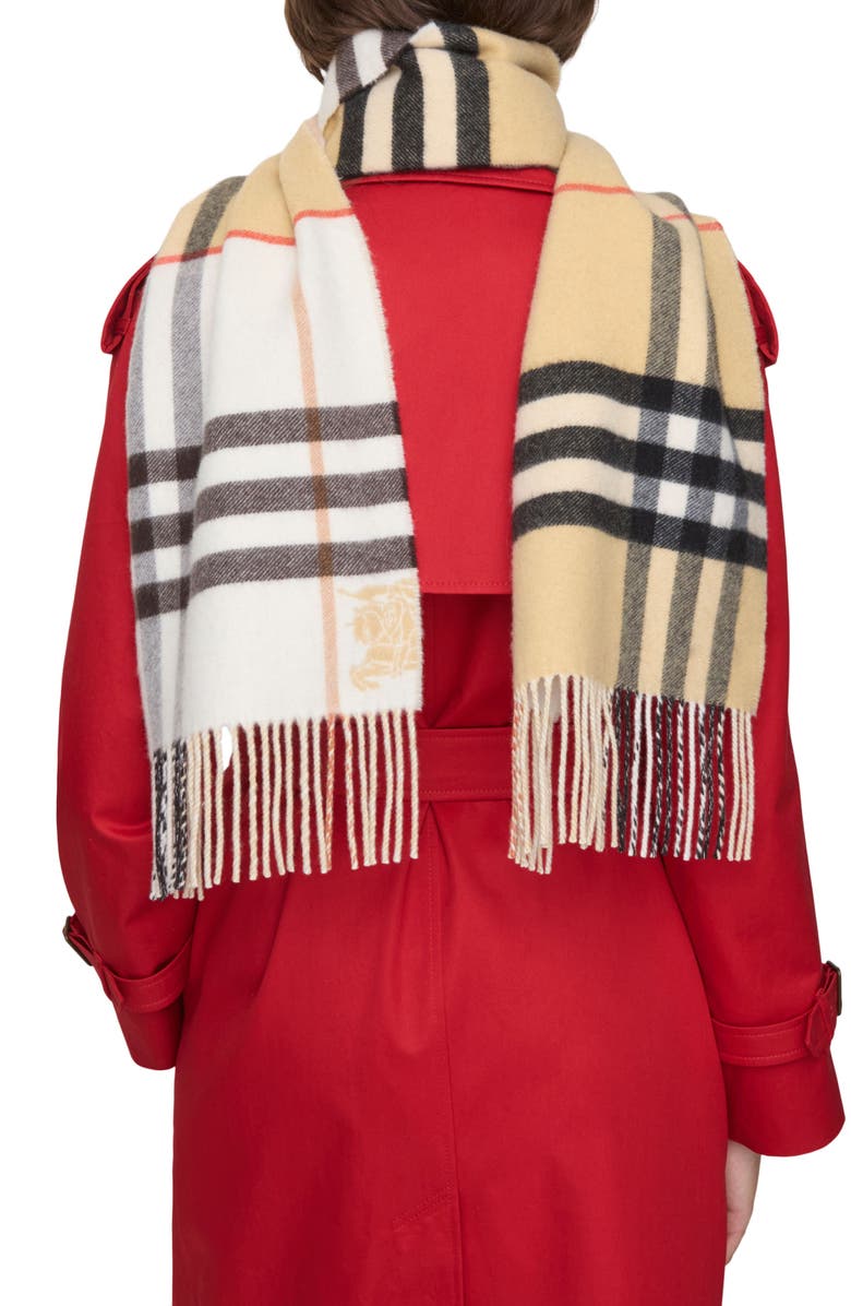 Burberry Jacquard Check Double Face Cashmere Fringe Scarf, Alternate, color, Sand/ Pebble White