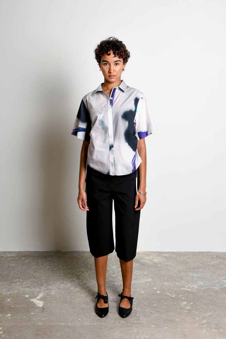 Ties Adjustable Short Sleeve Button-Down Top, Alternate, color, Shadow Iris Ivory
