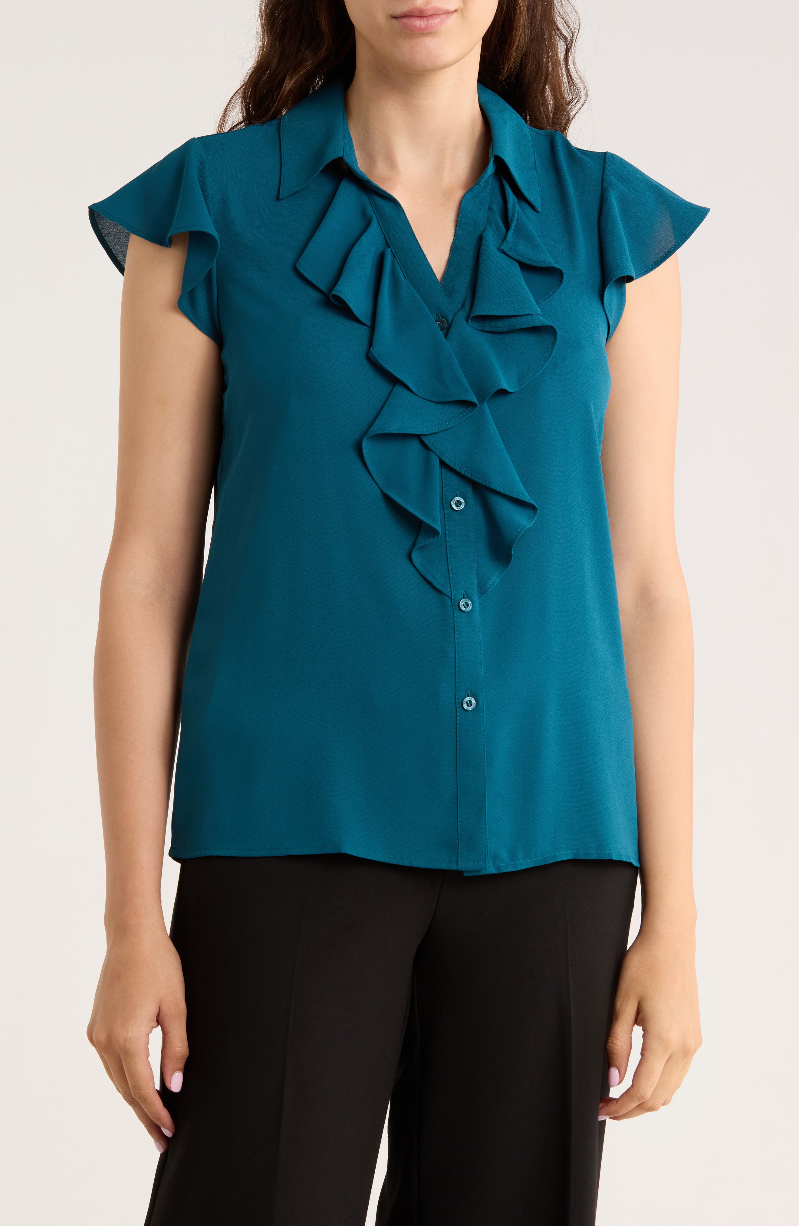 Calvin Klein Cap Sleeve Ruffle Front Button-Up Shirt