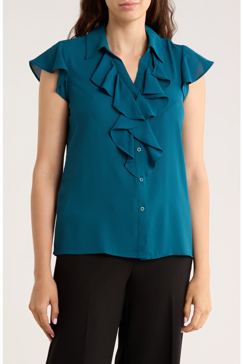 Cap Sleeve Ruffle Front Button-Up Shirt, Main, color, CYPRESS