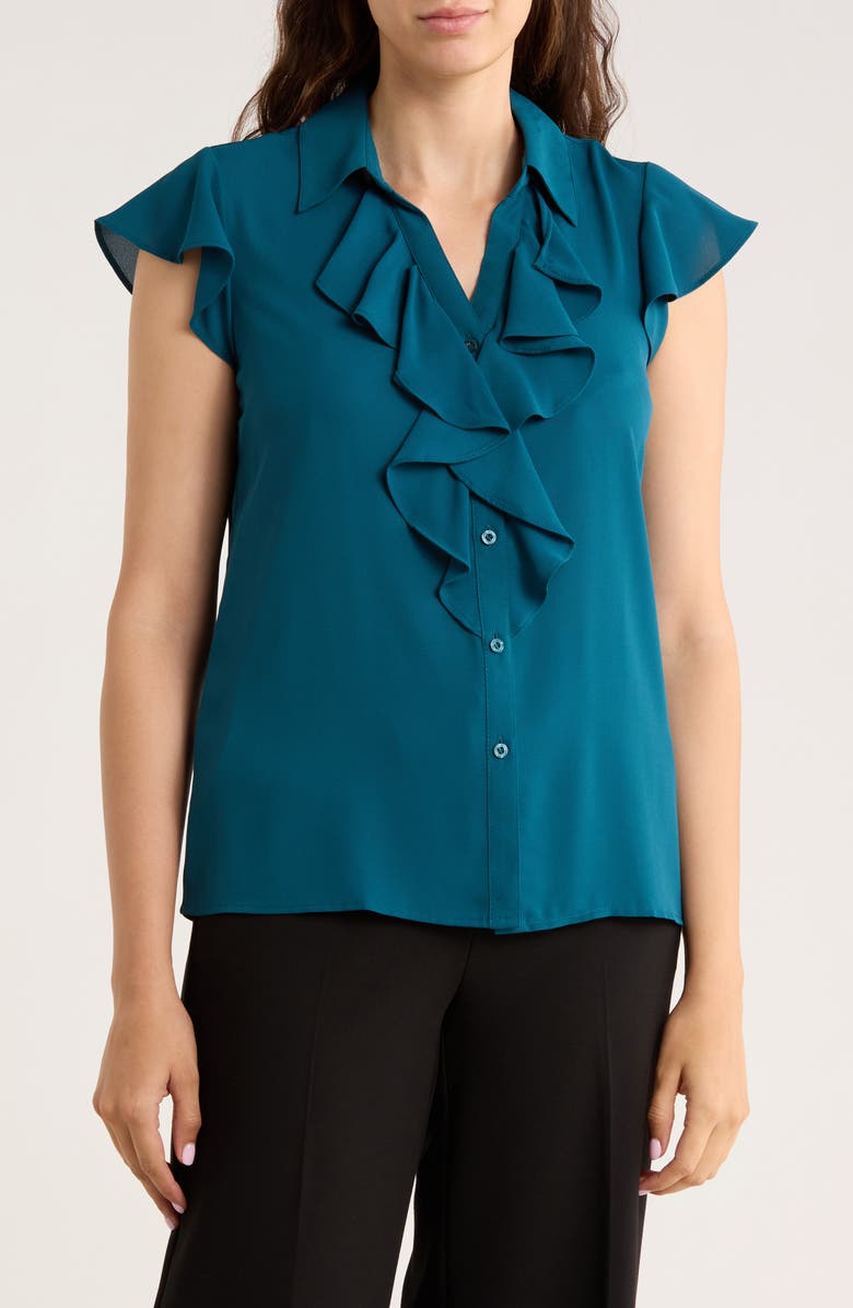 Calvin Klein Cap Sleeve Ruffle Front Button-Up Shirt, Main, color, Cypress