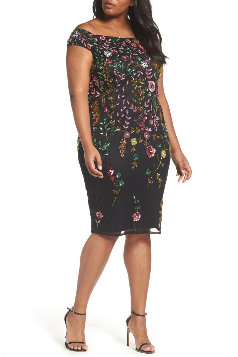 Embellished Off the Shoulder Sheath Dress, Main, color, BLACK MULTI