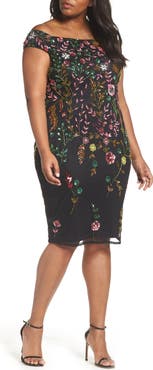 Adrianna Papell Embellished Off the Shoulder Sheath Dress