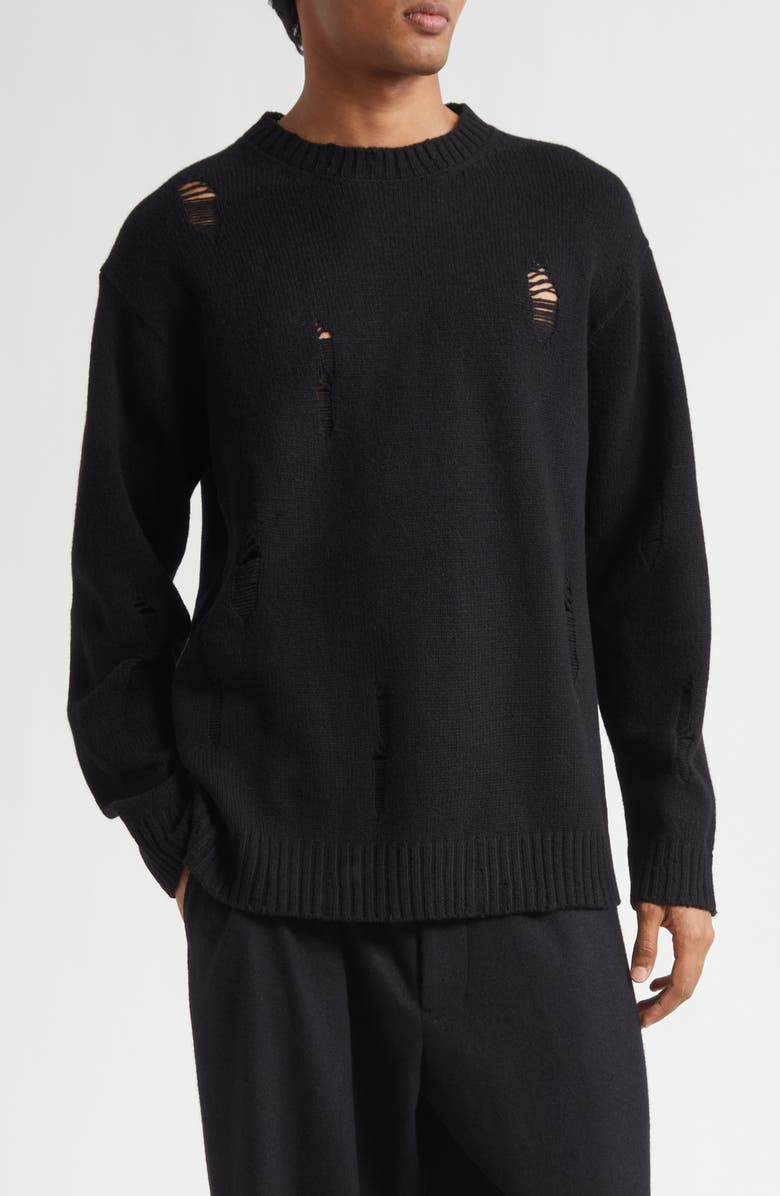Yohji Yamamoto Distressed Wool Crewneck Sweater, Main, color, Black