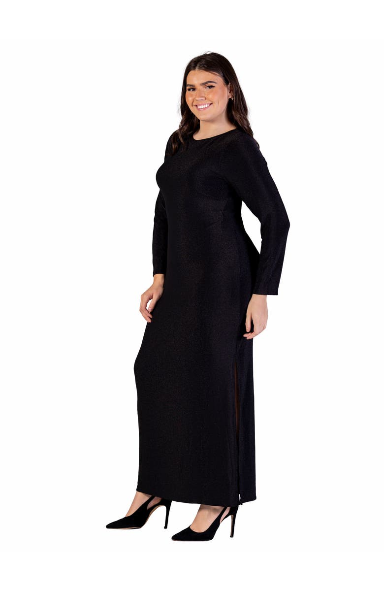 24seven Comfort Apparel Fitted Long Sleeve Shimmery Fabric Side Slit Maxi Dress, Alternate, color, Black