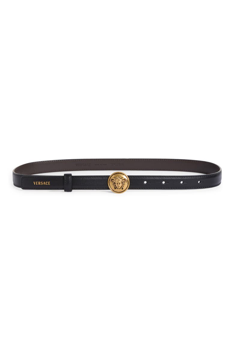 Medusa Buckle Leather Belt, Main, color, BLACK-GOLD 82