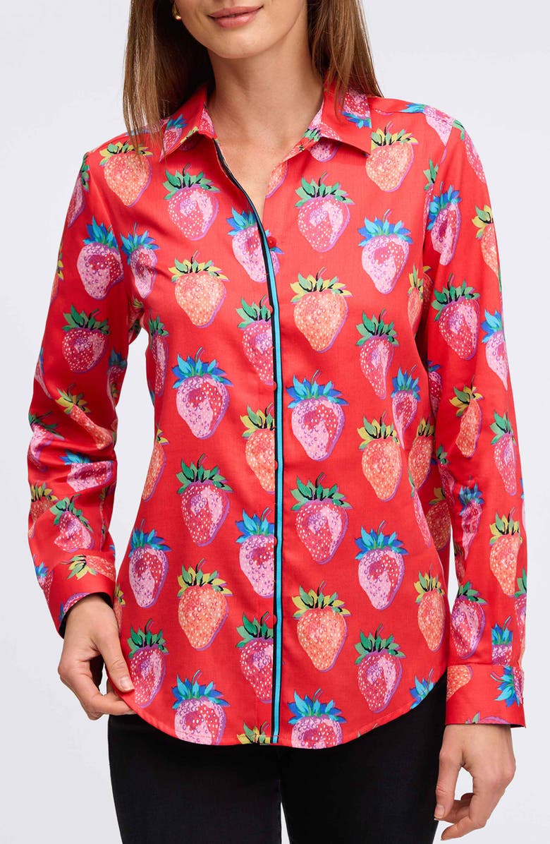 Foxcroft Charlie Strawberry Print Cotton Button-Up Shirt, Main, color, Multi
