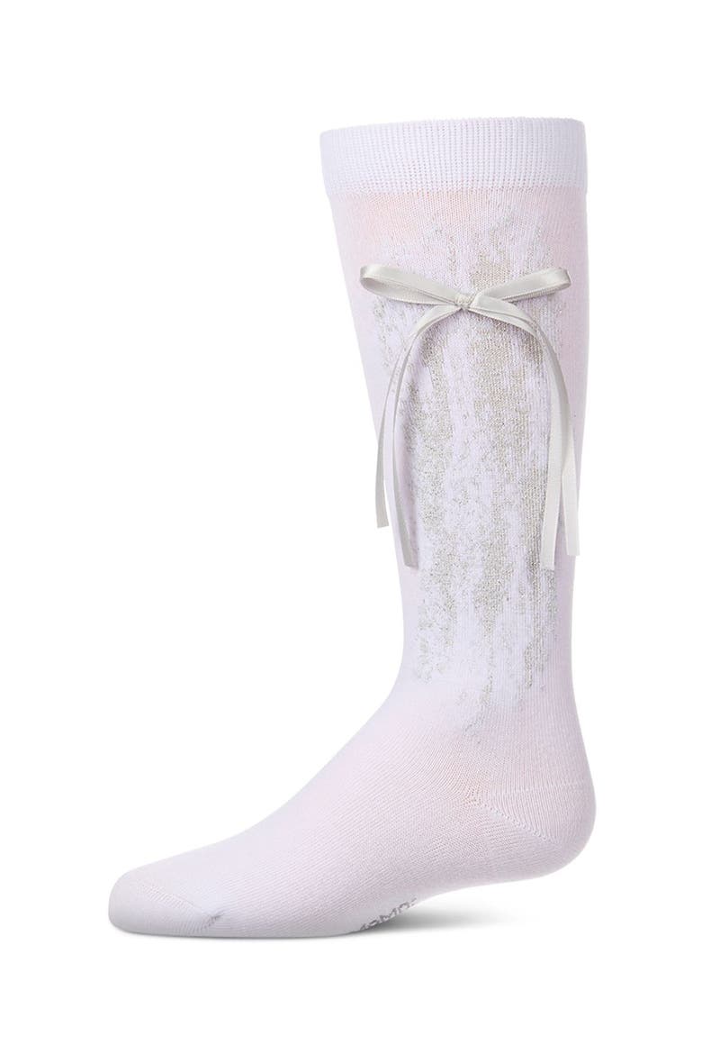 Knee High Sock with Metallic Drip Design and Satin Bow, Main, color, White