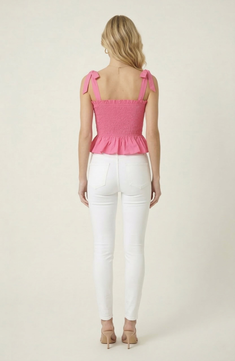 Modenaire Smocked Peplum Top with Bow Tie Straps and Ruffle Hem, Alternate, color, Pink
