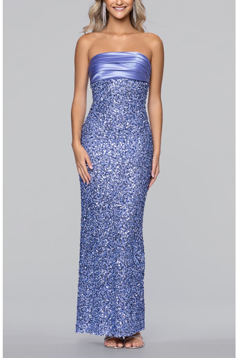Sequin & Satin Strapless Gown, Main, color, PERI