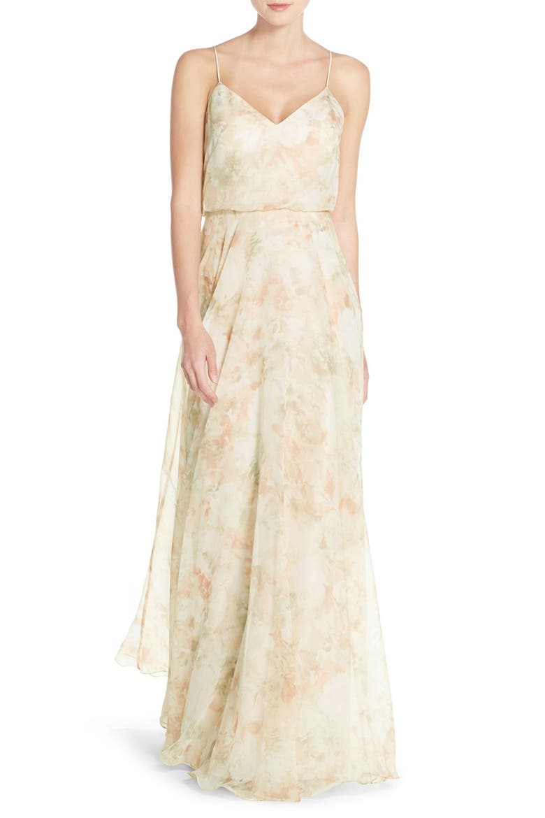 Inesse V-Neck Chiffon Gown, Main, color, BLUSH MULTI