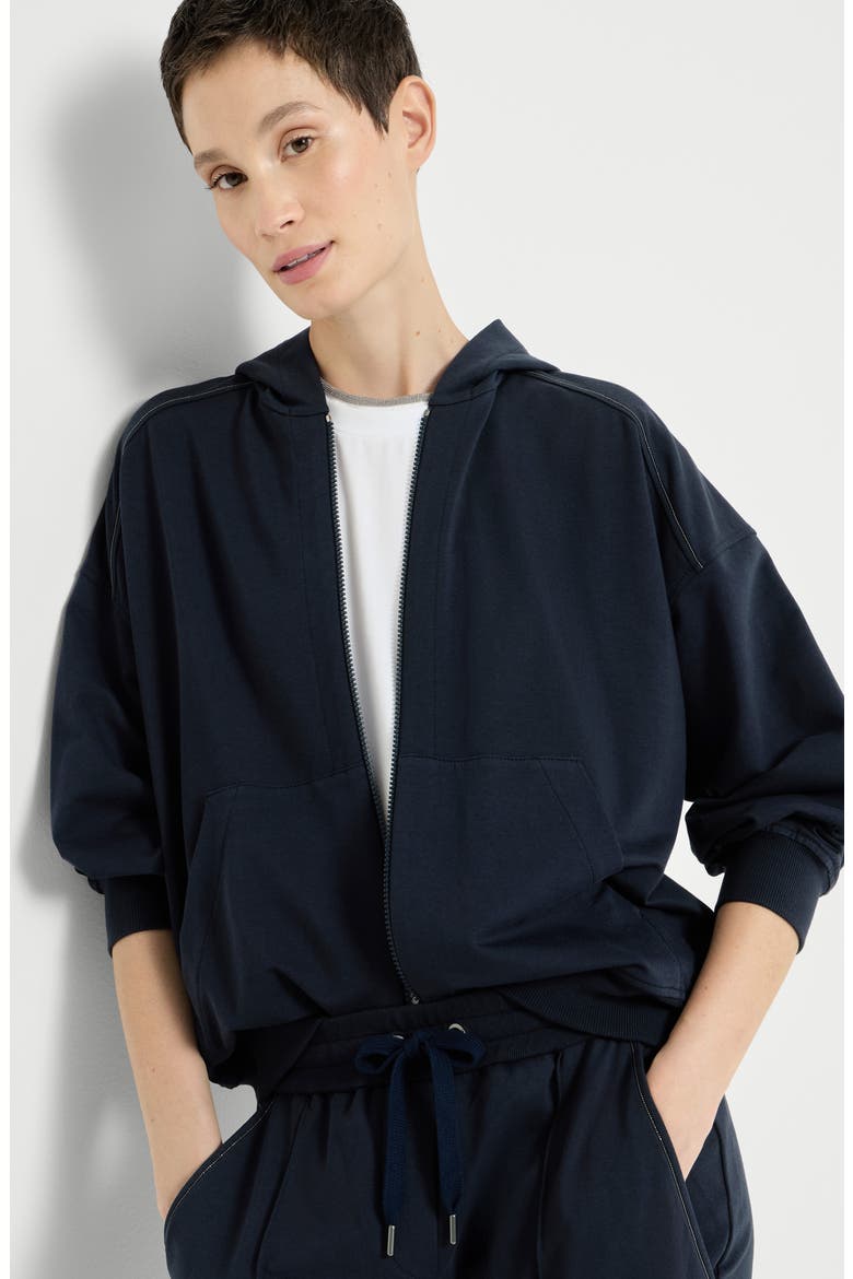 Stretch cotton lightweight French terry hooded sweatshirt with zipper and shiny trims, Alternate, color, Blue