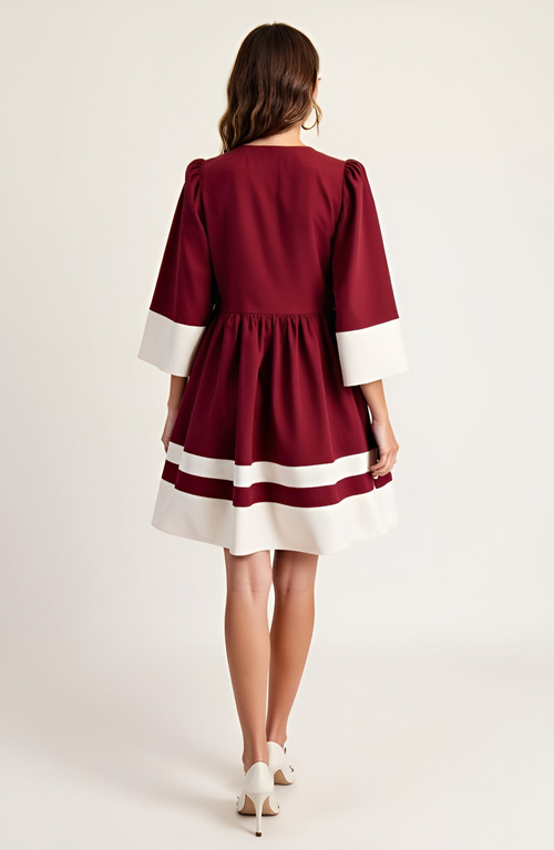 Modenaire Fit And Flare Mini Dress With Contrast Cuff, Hemline And Notch Neck In Burgundy
