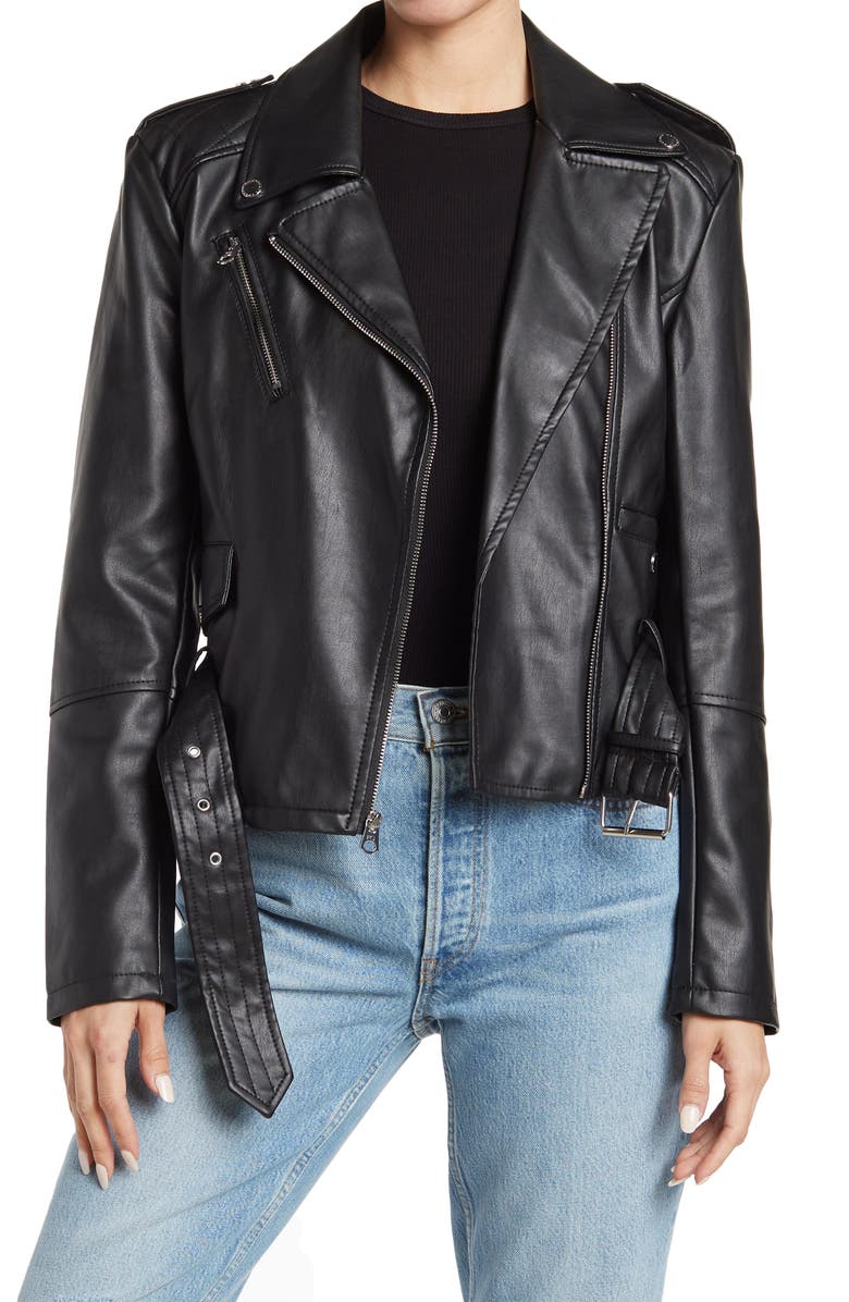 French Connection Faux Leather Belted Crop Moto Jacket, Main, color, 