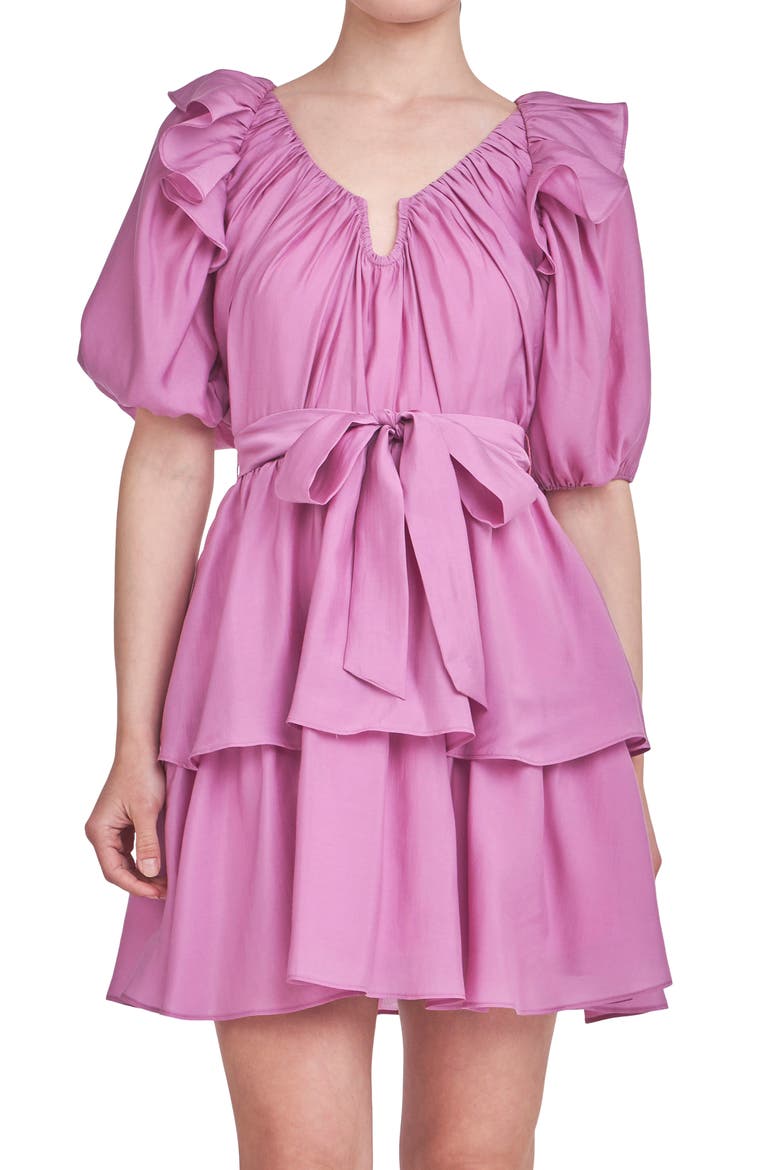 Ruffle Tie Waist Puff Sleeve Tiered Minidress, Alternate, color, ORCHID