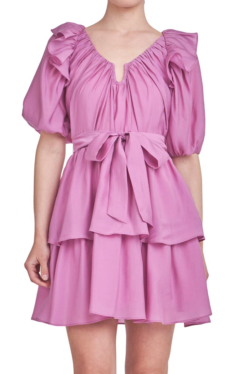 Endless Rose Ruffle Tie Waist Puff Sleeve Tiered Minidress, Alternate, color, Orchid