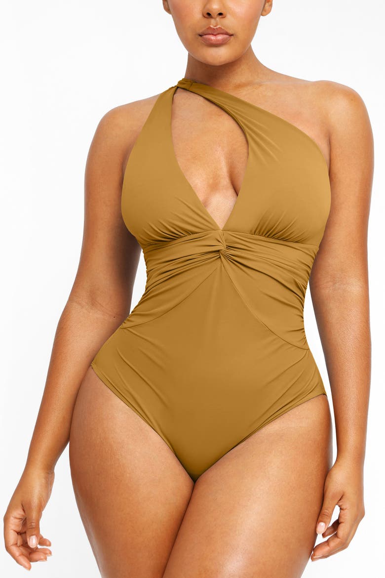 Plunge Ruched Twist-Front One Piece Swimsuit, Alternate, color, Earth Yellow