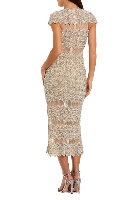 Mac Duggal Beaded Mesh Fitted Midi Dress With Sheer Panels In Neutral