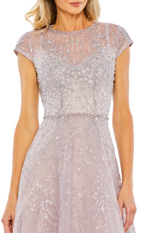 Mac Duggal Embellished High Neck Cap Sleeve A Line Dress In Neutral