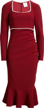 NIKKI LUND Faux Pearl Ruched Flare Hem Dress