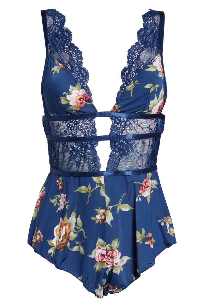Naeva Floral Print Lacy Teddy, Alternate, color, ESTATE BLUE SCATTERED ROS