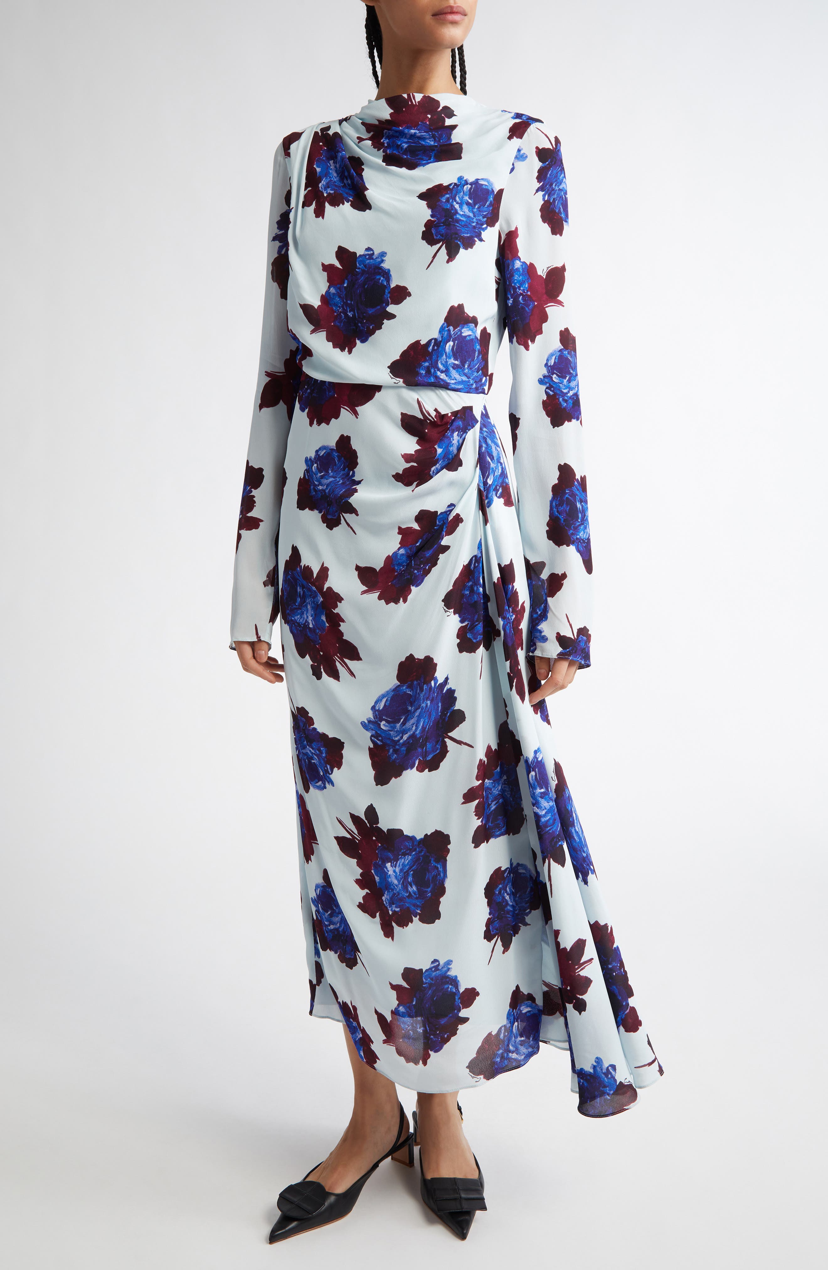 Rossinni Roses Rossini Rose Floral Long Sleeve Crepe Midi Dress (Women) | Nordstrom