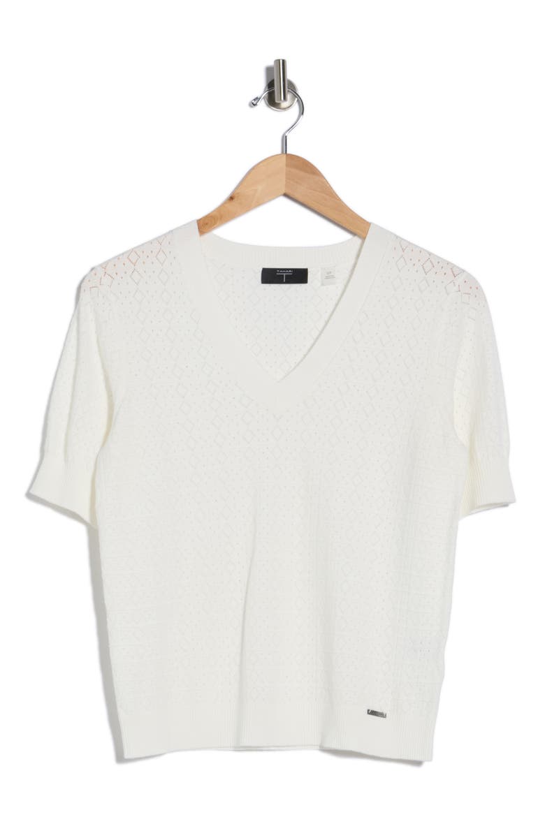 V-Neck Mitered Pointelle Sweater, Alternate, color, BIRGHT WHITE