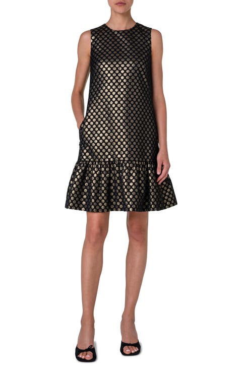 Metallic Dot Jacquard Ruffle Hem Dress