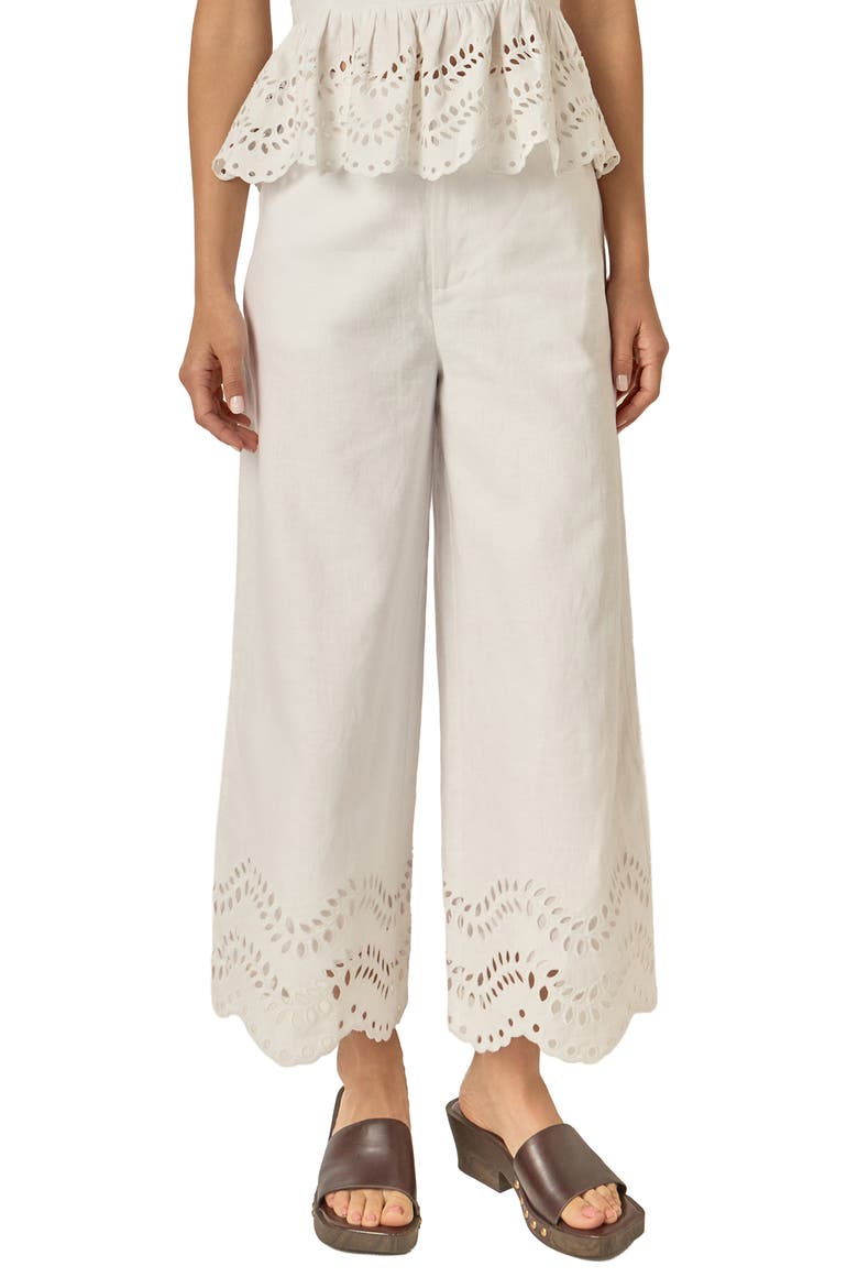 Eyelet Wide Leg Linen Pants, Main, color, OFF WHITE