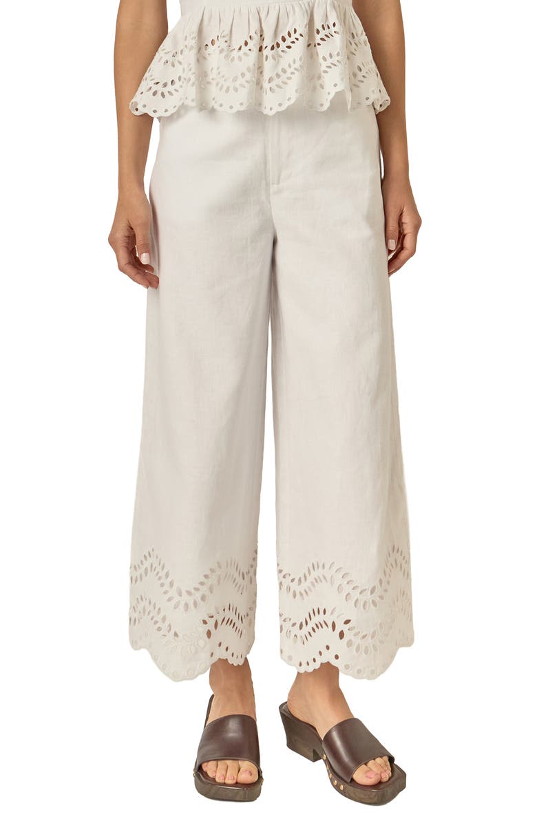 English Factory Eyelet Wide Leg Linen Pants, Main, color, Off White