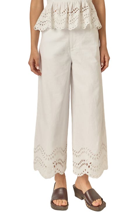 Eyelet Wide Leg Linen Pants