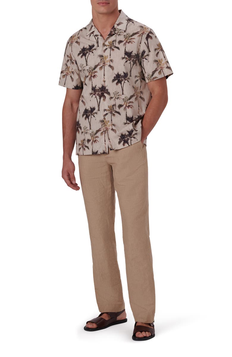 Bugatchi Shaped Fit Print Stretch Cotton Short Sleeve Button-Up Shirt, Alternate, color, Sand