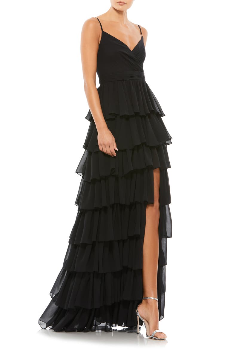 Sleeveless V Neck Ruffle Skirt Evening Gown, Main, color, BLACK