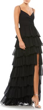 Mac Duggal Sleeveless V Neck Ruffle Skirt Evening Gown