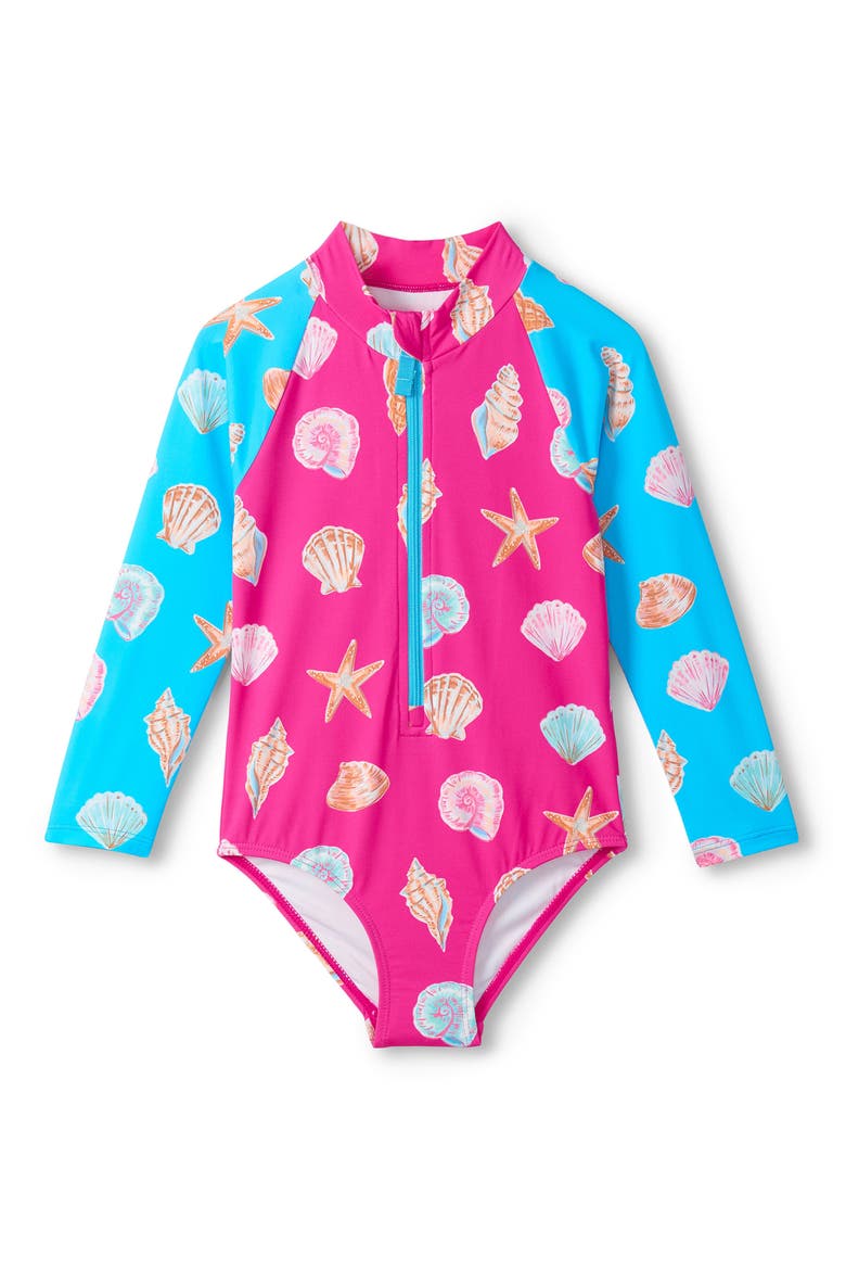 Kids' Ocean Shells Long Sleeve One-Piece Rashguard Swimsuit, Main, color, ROSE VIOLET
